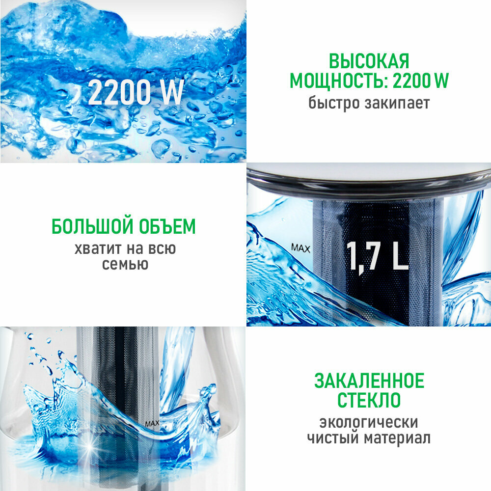 Электрический чайник MARTA MT-4623, стеклянный, 1.7 литра, белый/ментол — фото 1