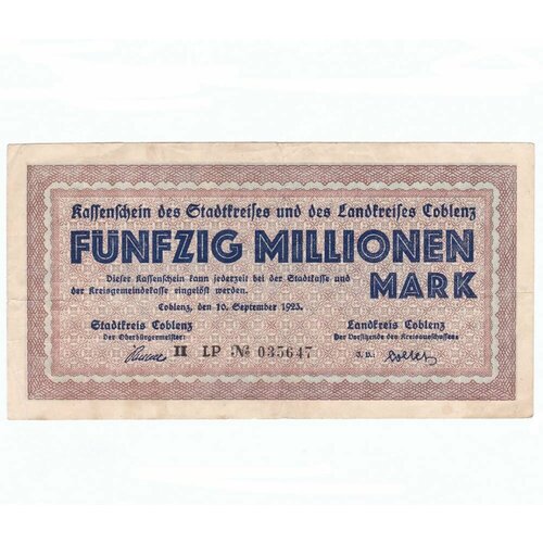 Германия (Веймарская Республика) Кобленц 50000000 марок 1923 г. германия веймарская республика кобленц 20000000 марок 1923 г