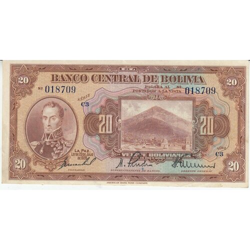 Боливия 20 боливиано 1928 г. (Серия C3) боливия 1 сентаво 1987 unc pick 195 на банкноте 10000 боливиано