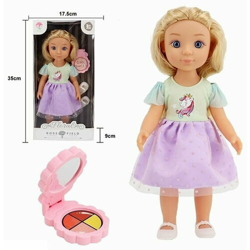 Кукла (32см) в платье с единорогом и аксессуарами в коробке косметика (имитация)