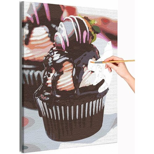 Шоколадный кекс с клубникой / Десерт / Сладости Раскраска картина по номерам на холсте 30х40