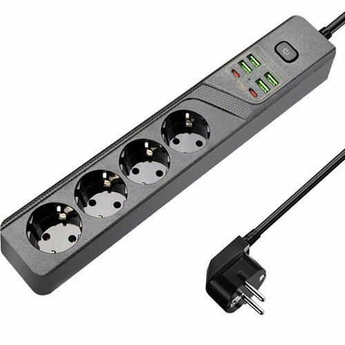 Удлинитель электрический Power Socket BKL-03-3, 2.0м, 4 розетки, 2 Type-C, 4 USB, 3.1A, выключатель, цвет: чёрный