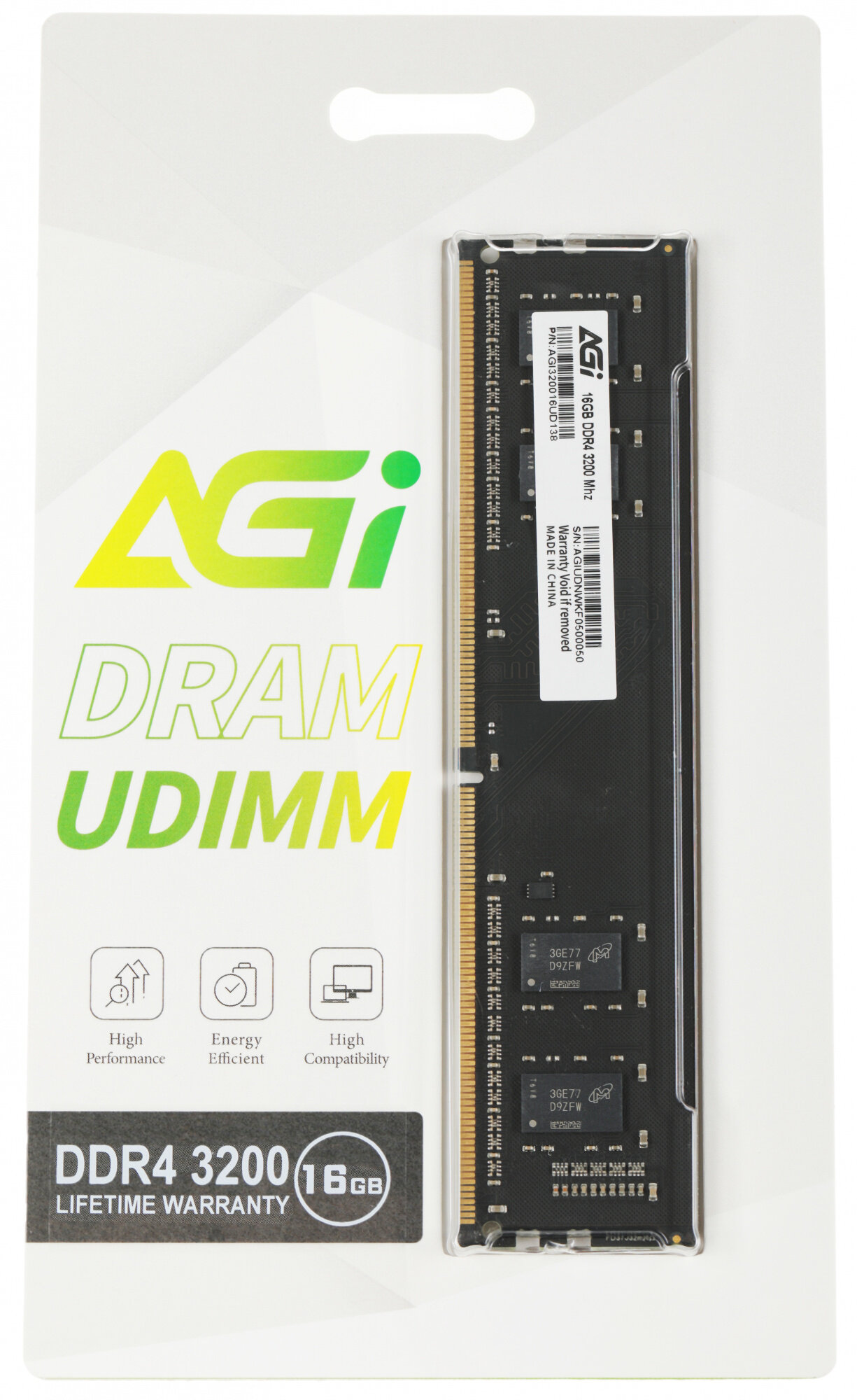 AGI Память DDR4 16Gb 3200MHz AGi AGI320016UD138 UD138 RTL PC4-25600 DIMM 288-pin 1.2В Ret