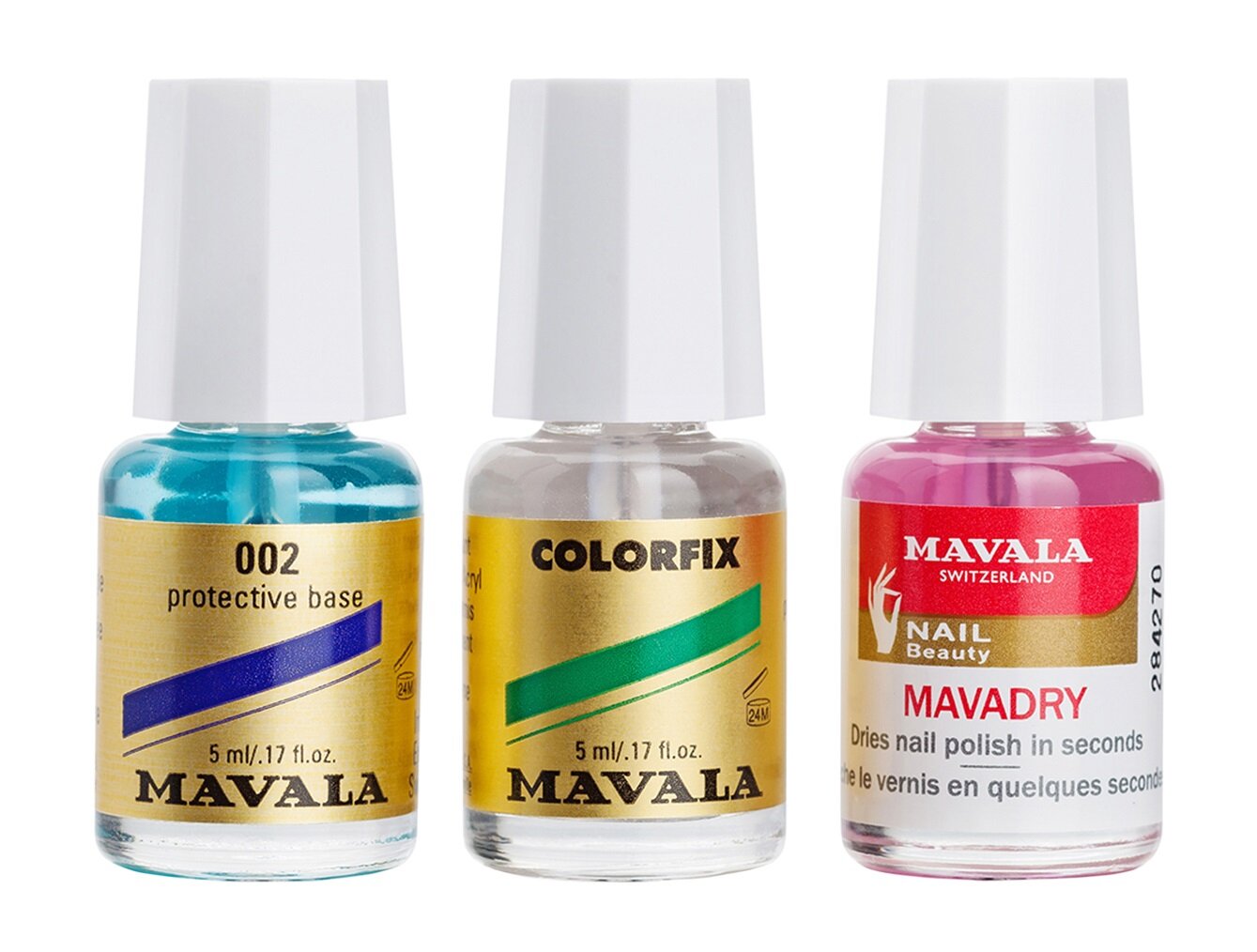 MAVALA Набор для ногтей Комплекс 3 (Основа Mavala 002 5 мл + Фиксатор Colorfix 5 мл + Сушка Mavadry 5 мл)