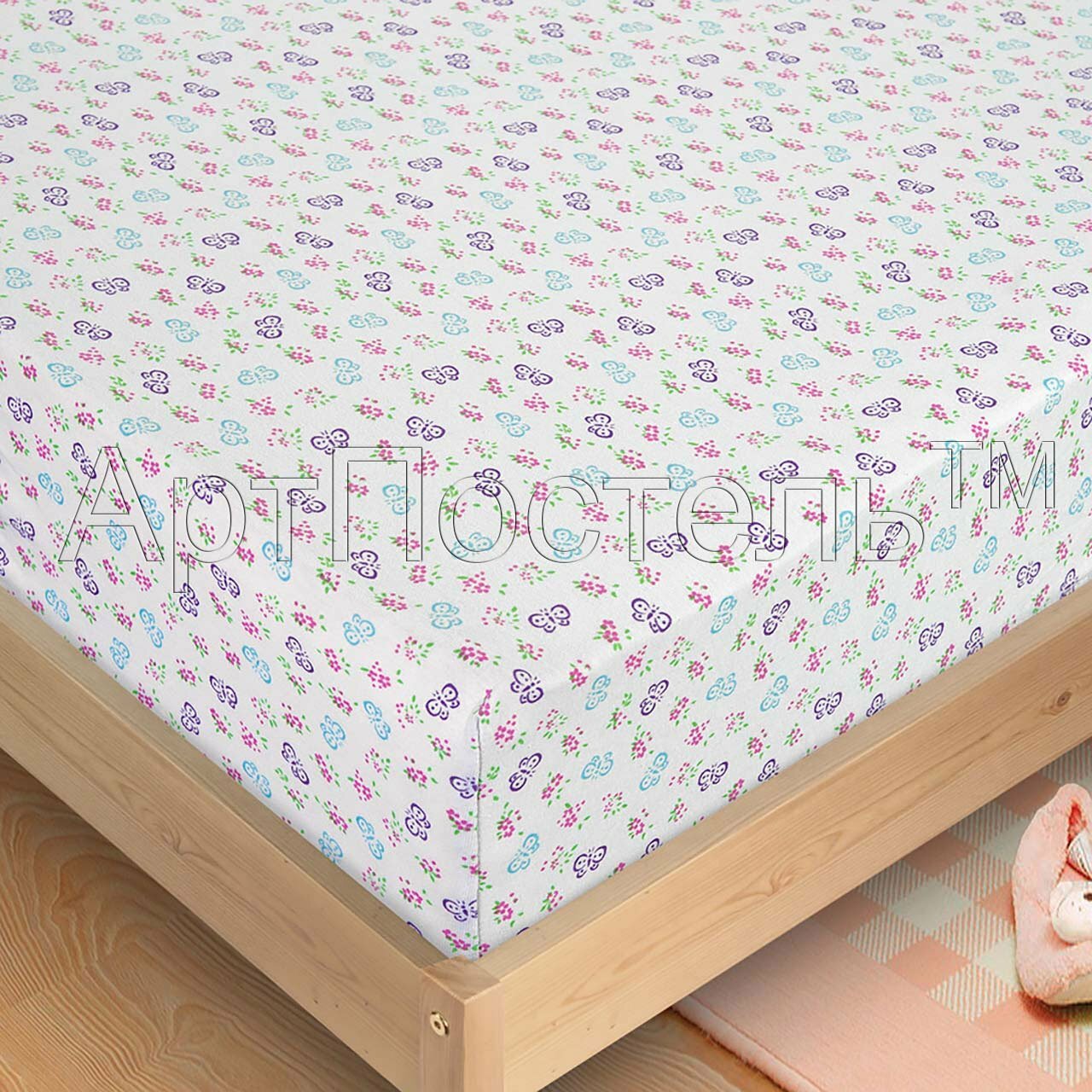 фото Трикотажная простыня на резинке Бабочки (белый-фиолетовый), Простыня на резинке 60x120 (+14 см бортик)