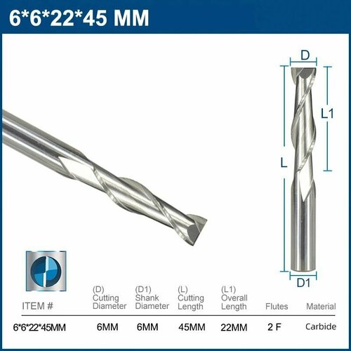 Фреза концевая двухзаходная XCAN, 6х22х45 мм