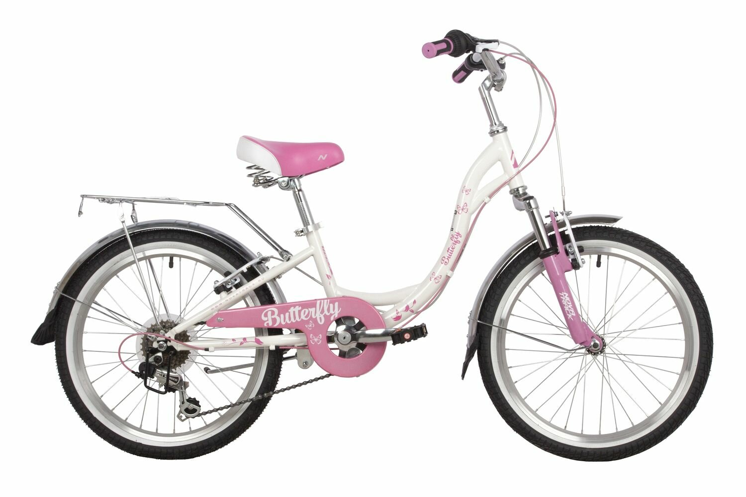 Велосипед NOVATRACK BUTTERFLY 20" (2022) (Велосипед NOVATRACK 20" BUTTERFLY сталь, белый-розовый, 6-скор, TY21/RS35/SG-6SI, V-brake, багажник)