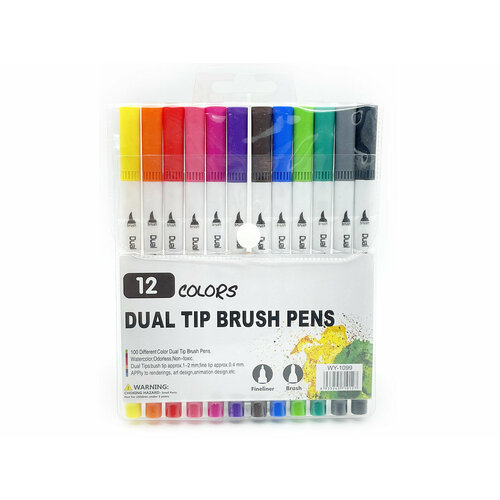 Маркеры для скетчинга акварельные двухсторонние Dual Tip Brush Marker, 12 цветов