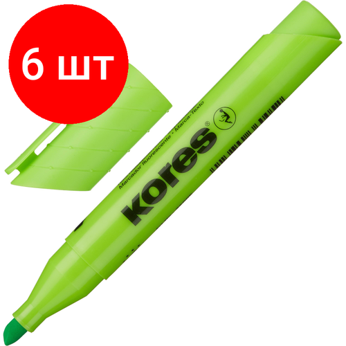 Комплект 6 штук, Маркер текстовыделитель KORES 1-5 мм зеленый 36005