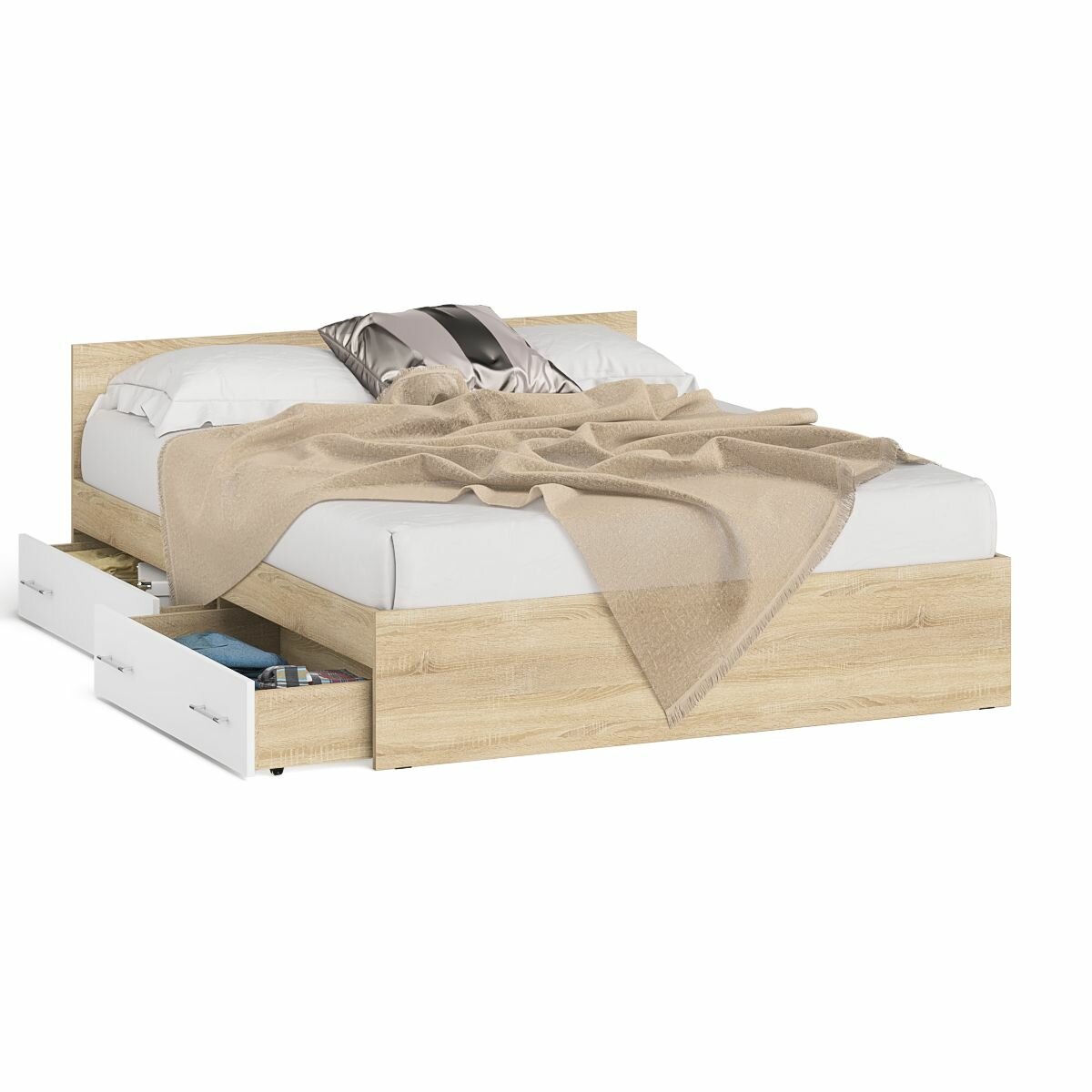 Кровать двуспальная с выдвижными ящиками Мори 1600 цвет дуб сонома/белый, ШхГхВ 163,5х203,5х70 см, без матраса, основание есть
