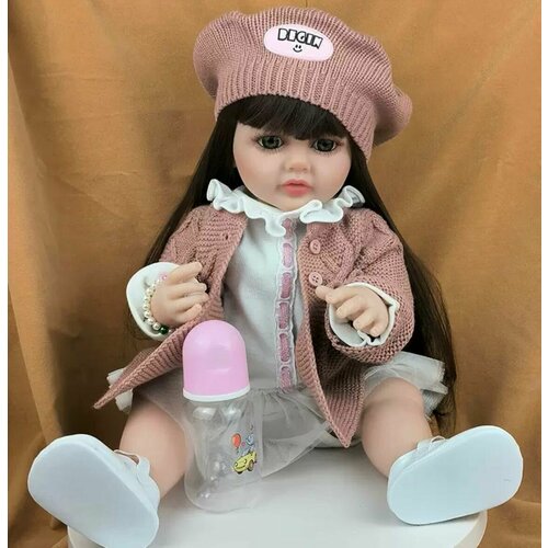 Говорящая Кукла reborn Силиконовая 55 см брюнетка в платье и берете