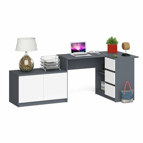 Угловой стол компьютерный СВК Мори правый и тумба широкая графит/белый, 214,8х84,9х76,6