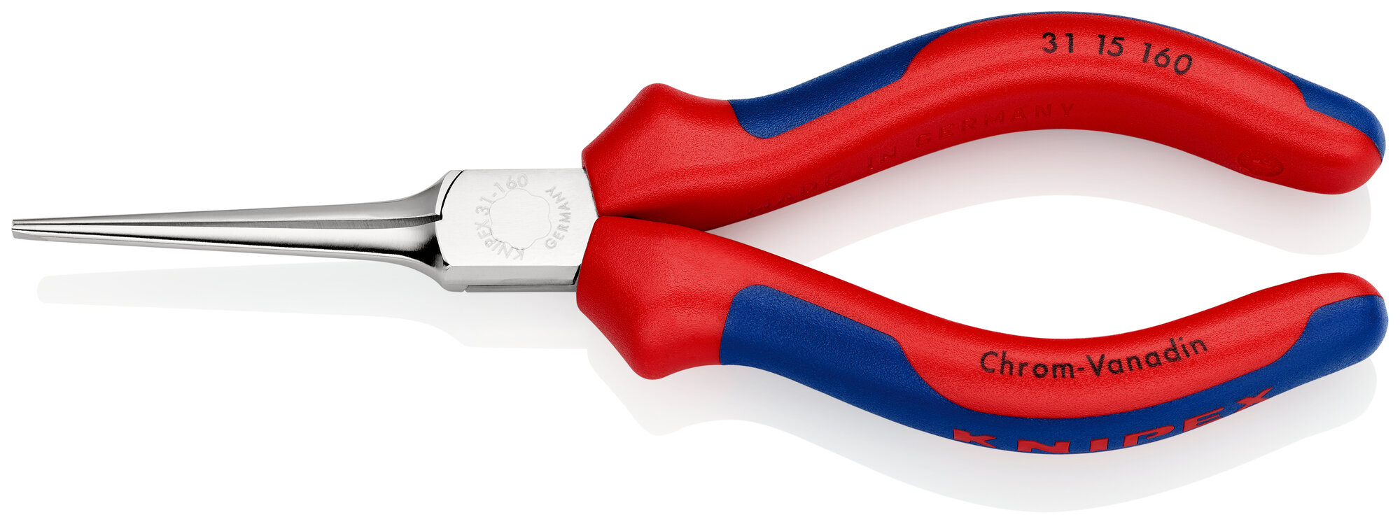 Длинногубцы KNIPEX, острые плоские прямые гладкие губки 55 мм, длина 160 мм, хром, 2-комп ручки KN-3115160