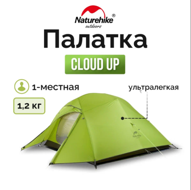 Палатка 1-местная Naturehike сверхлегкая + коврик Сloud up NH18T010-T, 20D , светло-зеленый, 6927595730515