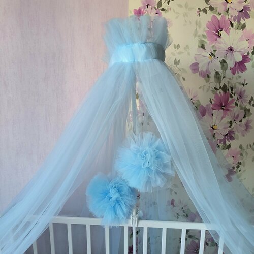 Балдахин в кроватку Puffy с помпонами голубой 1550₽