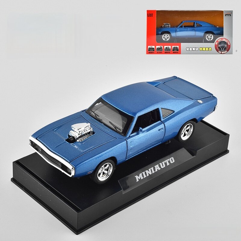 Машинка инерционная Dodge charger 1970 металлическая модель 1:32 синяя, со светом и звуком В подарочной упаковке