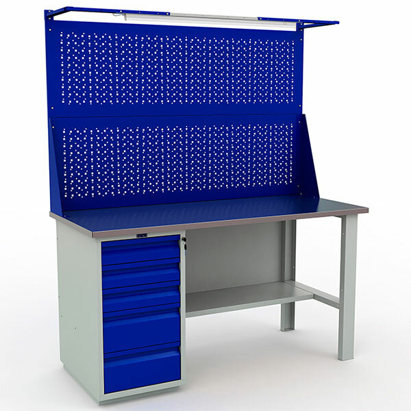 фото Стол верстак слесарный металлический с тумбой с 5 ящиками, с 2 экранами и светом, 1600 мм, практик PROFI WT160. WD5/F1.021