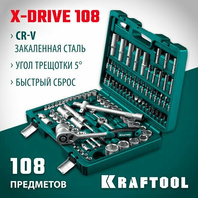 KRAFTOOL X-Drive 108, 108 предм, (1/2"+3/8"+1/4"), универсальный набор инструмента (27888-H108)