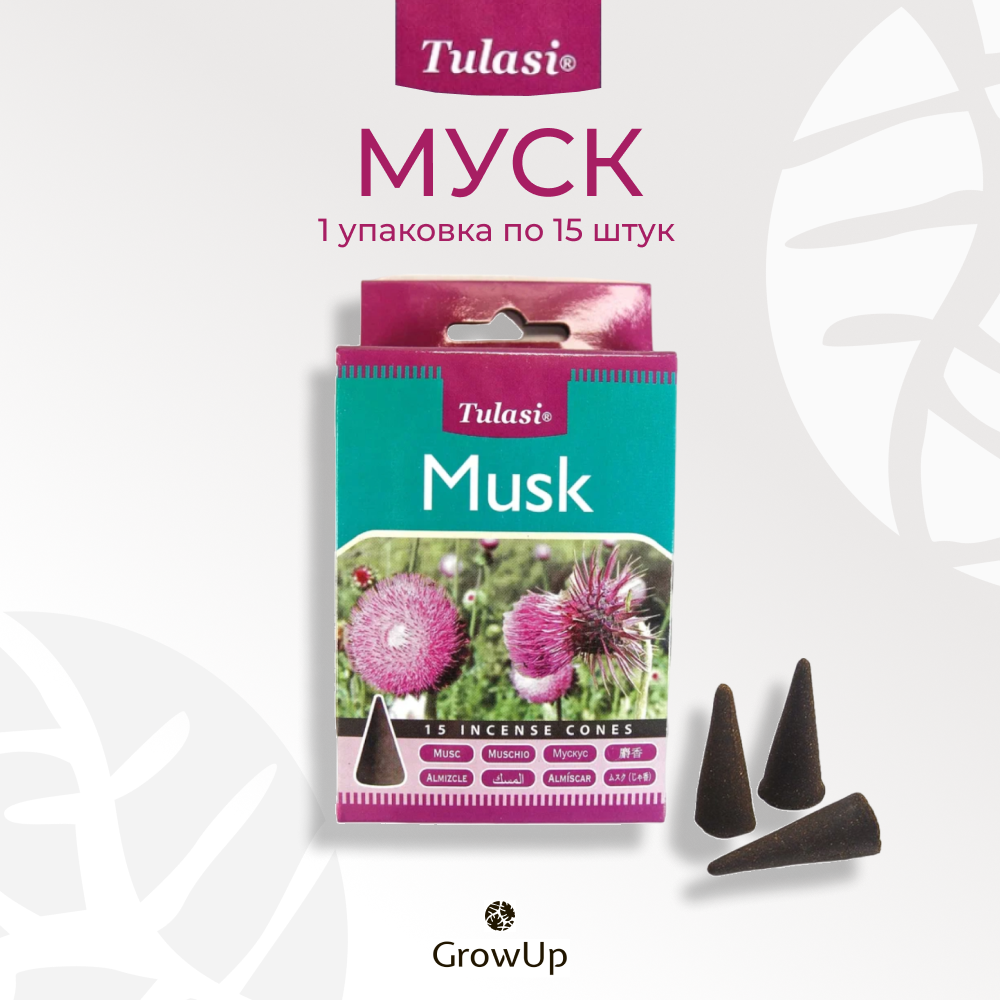 Sarathi - Tulasi - Муск - 15 шт, благовония для медитаций, духовных практик и йоги, Musk - конусовидные, ароматические конусы с подставкой
