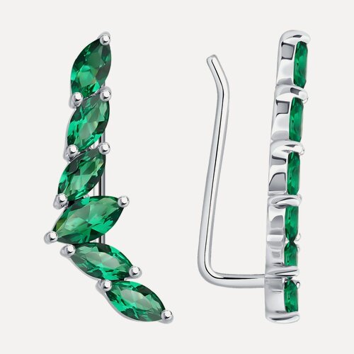 Изображение товара Серьги клаймберы, серебро, 925 проба, родирование, изумруд синтетический