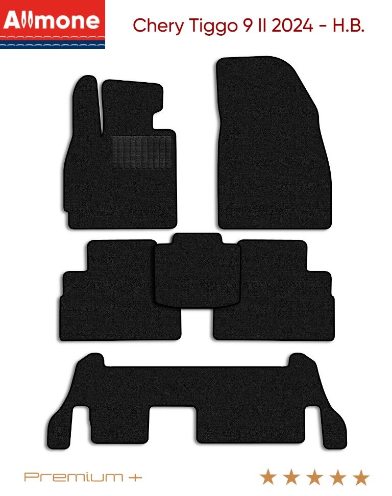 Коврики в салон текстильные Allmone "Премиум+" для Chery Tiggo 9 2 (suv) 2024 - Н. В. +3 ряд, черные, 6шт. / Чери Тиго 9 2