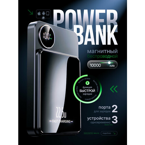 Повербанк для iphone беспроводной магнитный 10000 mAh 2 порта зарядки черный 2168₽