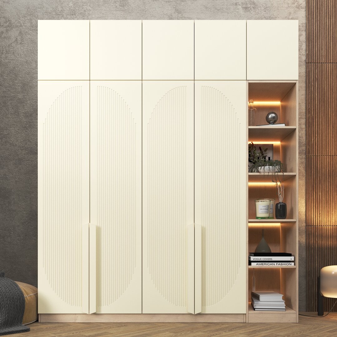 Шкаф Агератум МДФ четырехсекционный с антресолью и стеллажом Кожа бежевая DM675-26 матовая - Дуб Сонома 3025 NEW 210*60*260 см Дом мебели для вас