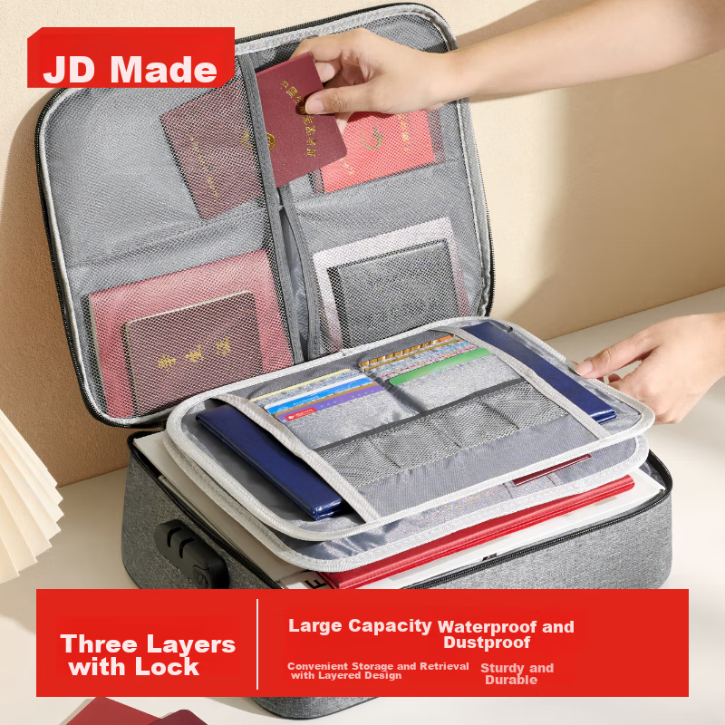 JD Jingzao Family Document Storage Bag, Multi-Functional Large Capacity Lockable Storage Pouch for Household Use, Suitable for Household Register, Passport, And Bank Cards