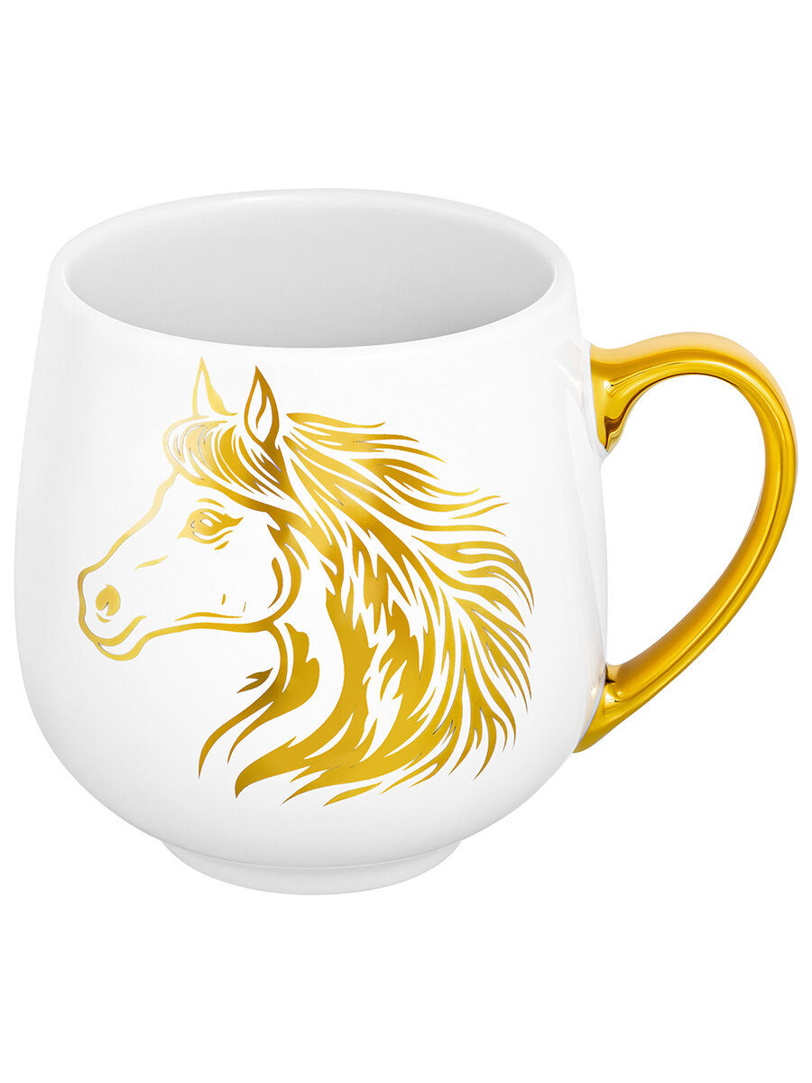 Кружка, чашка для чая, кофе 530 мл Elan Gallery Лошадь золотая на белом, фарфор — фото 1