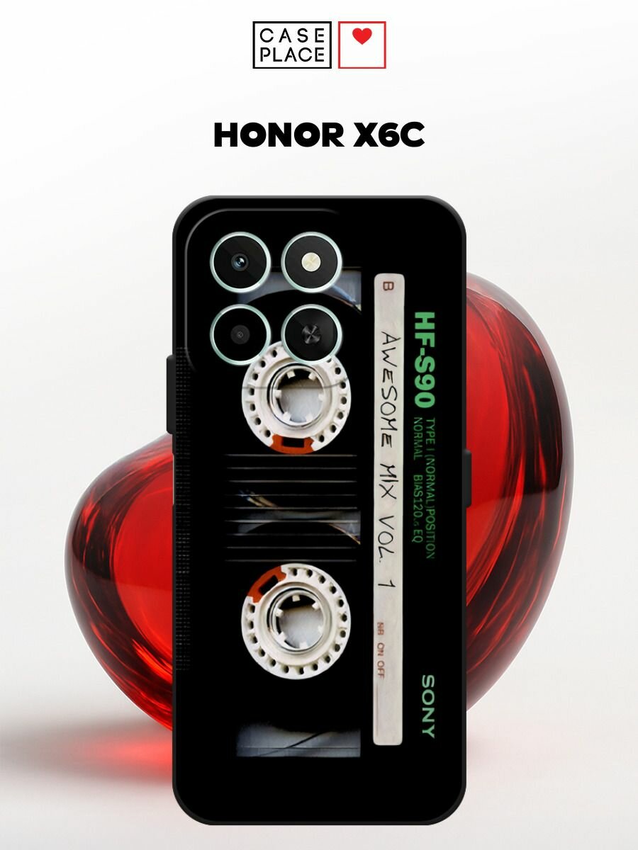 Черный матовый чехол на Honor X6c / Хонор Х6с с принтом Ретро кассета