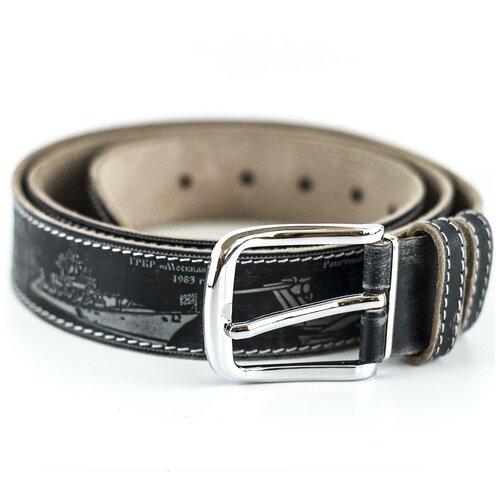 фото Ремень мужской из натуральной кожи шириной 4см, с тиснением на тему вмф (корабли), черный 125-129см россия