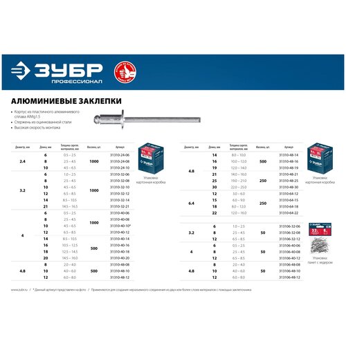 ЗУБР 4.8 х 16 мм, 500 шт, алюминиевые заклепки 31310-48-16 Профессионал