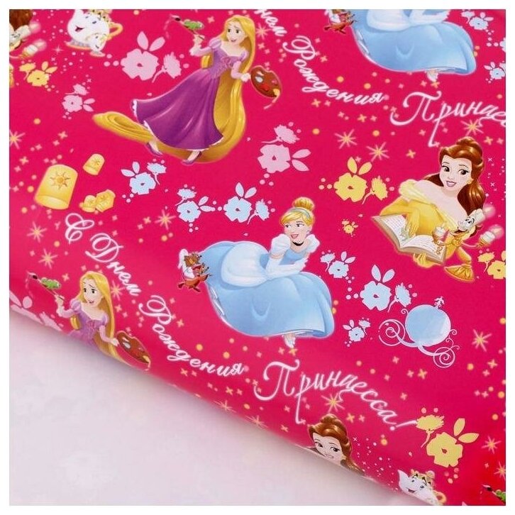 Бумага упаковочная глянцевая С Днем Рождения, Принцесса, 50х70 см, Принцессы