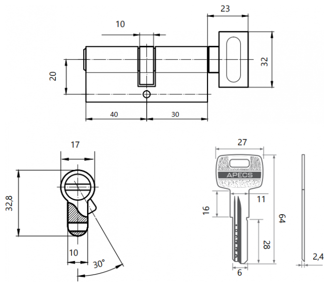 Цилиндровый механизм Apecs SM-70(30C/40)-C-G