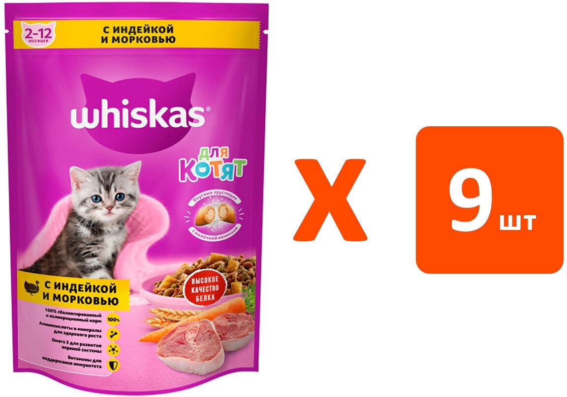 WHISKAS для котят с индейкой и морковью с молоком (035 кг х 9 шт)