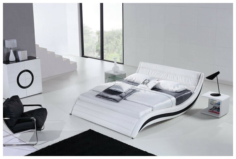 Двуспальная кровать 140х200, с мягким изголовьем, SITDOWN "Вейв", экокожа, бело-черная