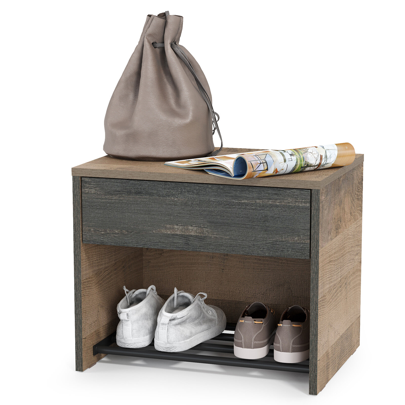фото Тумба для обуви Трувор 13.241.04, цвет дуб гранж песочный/интра, ШхГхВ 50х36,7х42,3 см, есть съёмная металлическая подставка для обуви