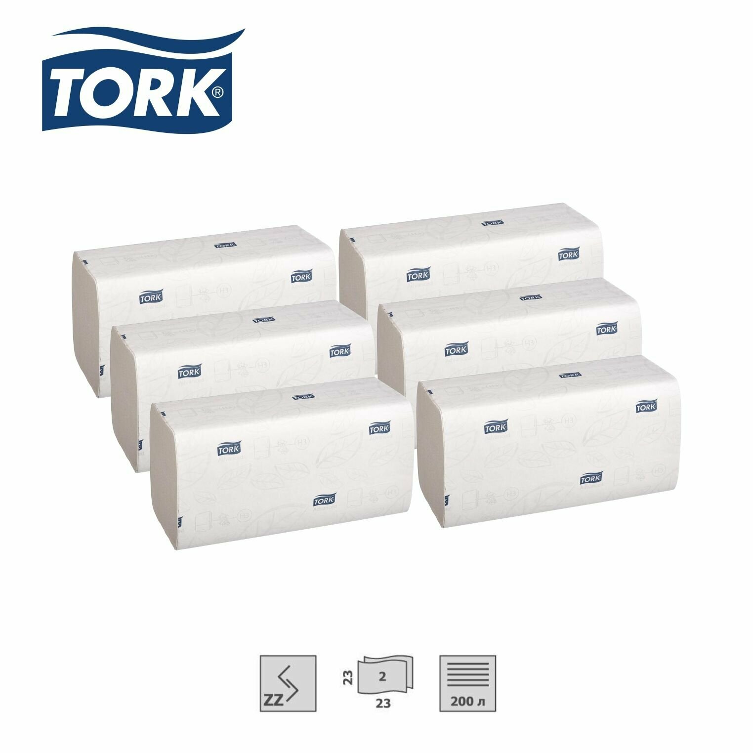 Полотенца бумажные листовые двухслойные Tork Advanced H3 ZZ-сложения 23x23 см 6 пачек по 200 листов (290184)