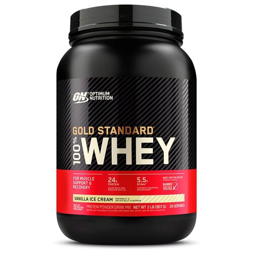 Протеин Optimum Nutrition 100% Whey Gold Standard, 909 гр., ванильное мороженое протеин optimum nutrition 100% whey gold standard 2353 гр ванильное мороженое