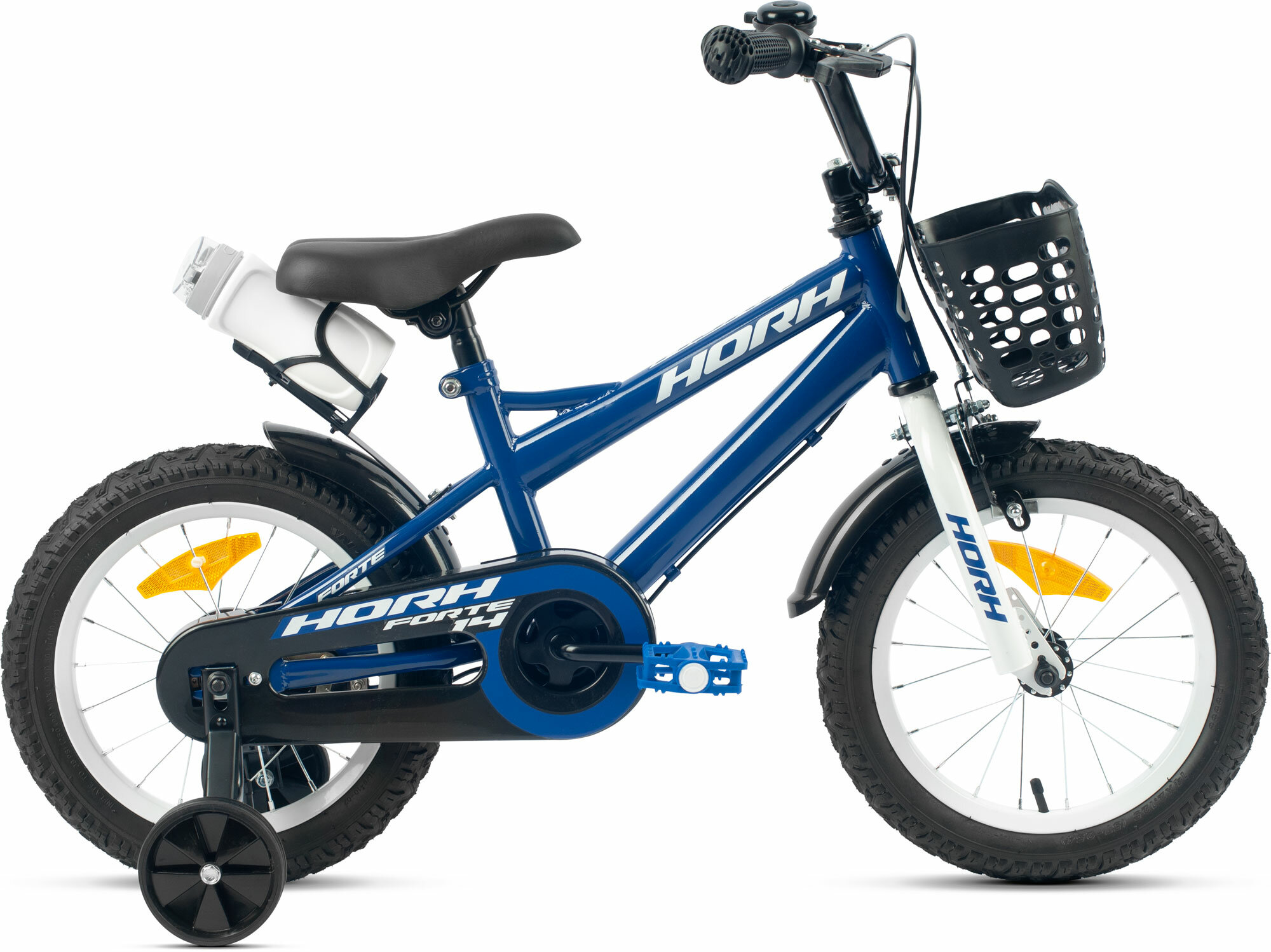 Велосипед детский городской HORH FORTE 14 2024 для детей от 2 лет до 4 лет стальная рама, с защитой цепи, звонком, флягой, корзиной, 1 ск, барабанный тормоза, синий цвет рост 95-110 см