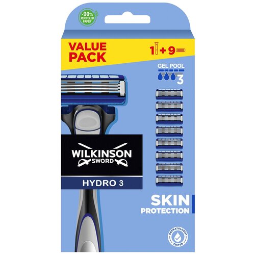 Wilkinson Sword / SCHICK Hydro 3 Skin Protection Regular / Бритвенный мужской станок с 9 сменными кассетами. wilkinson sword schick hydro 5 skin protection regular бритвенный мужской станок с 9 сменными кассетами