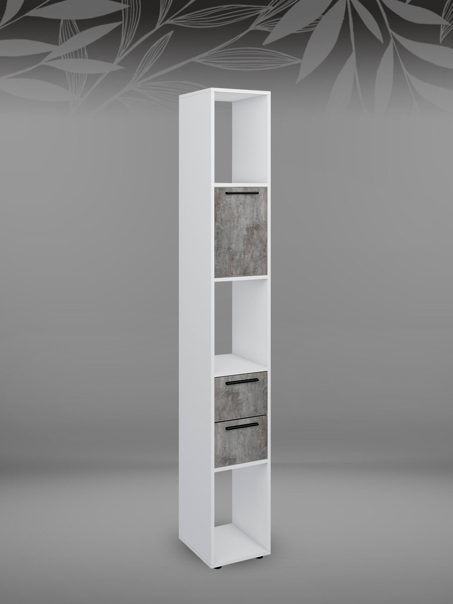 Стеллаж напольный модульный пенал MODUL 300 с ящиками и дверцей, белый(тиснение)/камень серый