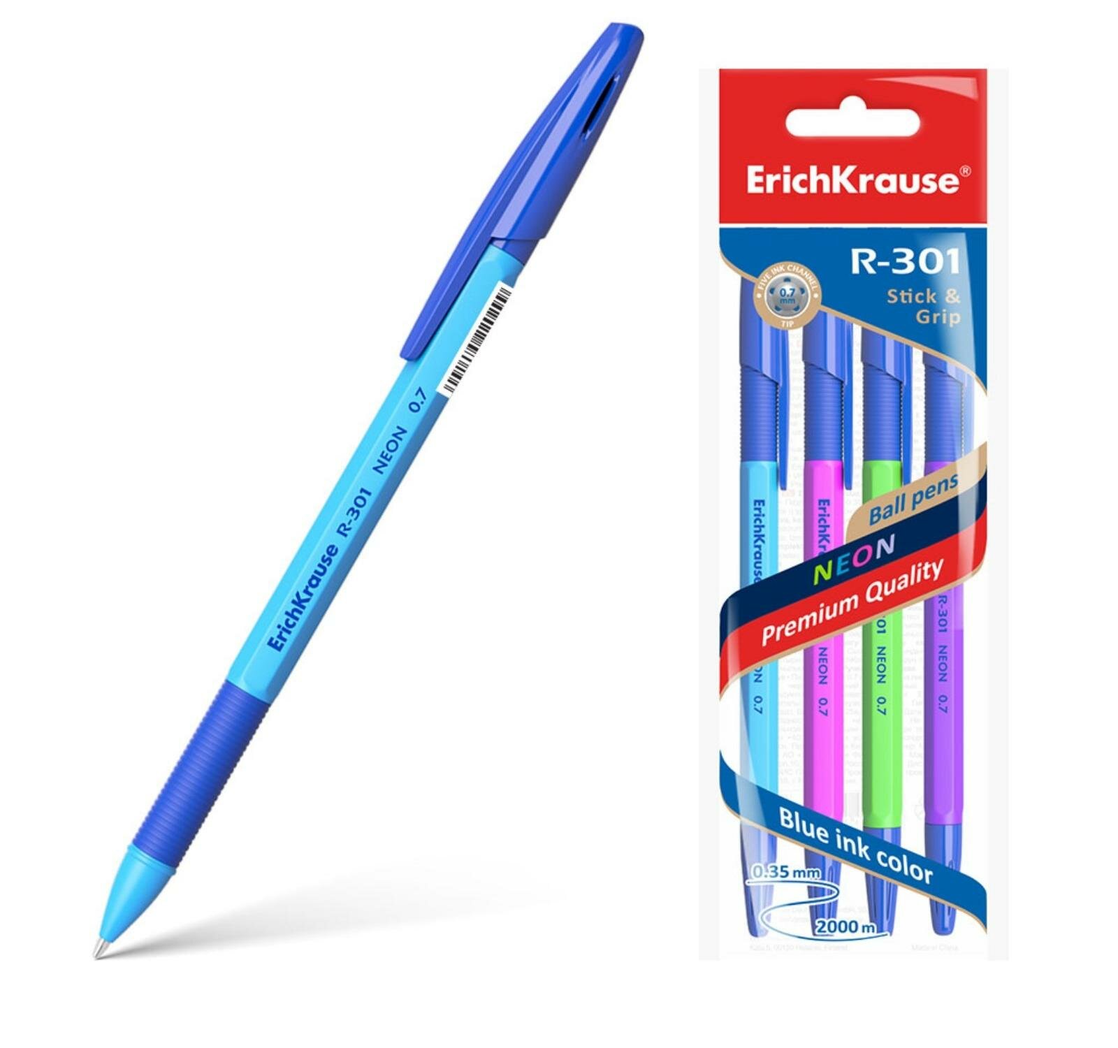 Ручка шариковая Erich Krause R-301 Neon 0.7 Stick&Grip в наборе из 4 штук пакет - фото №13