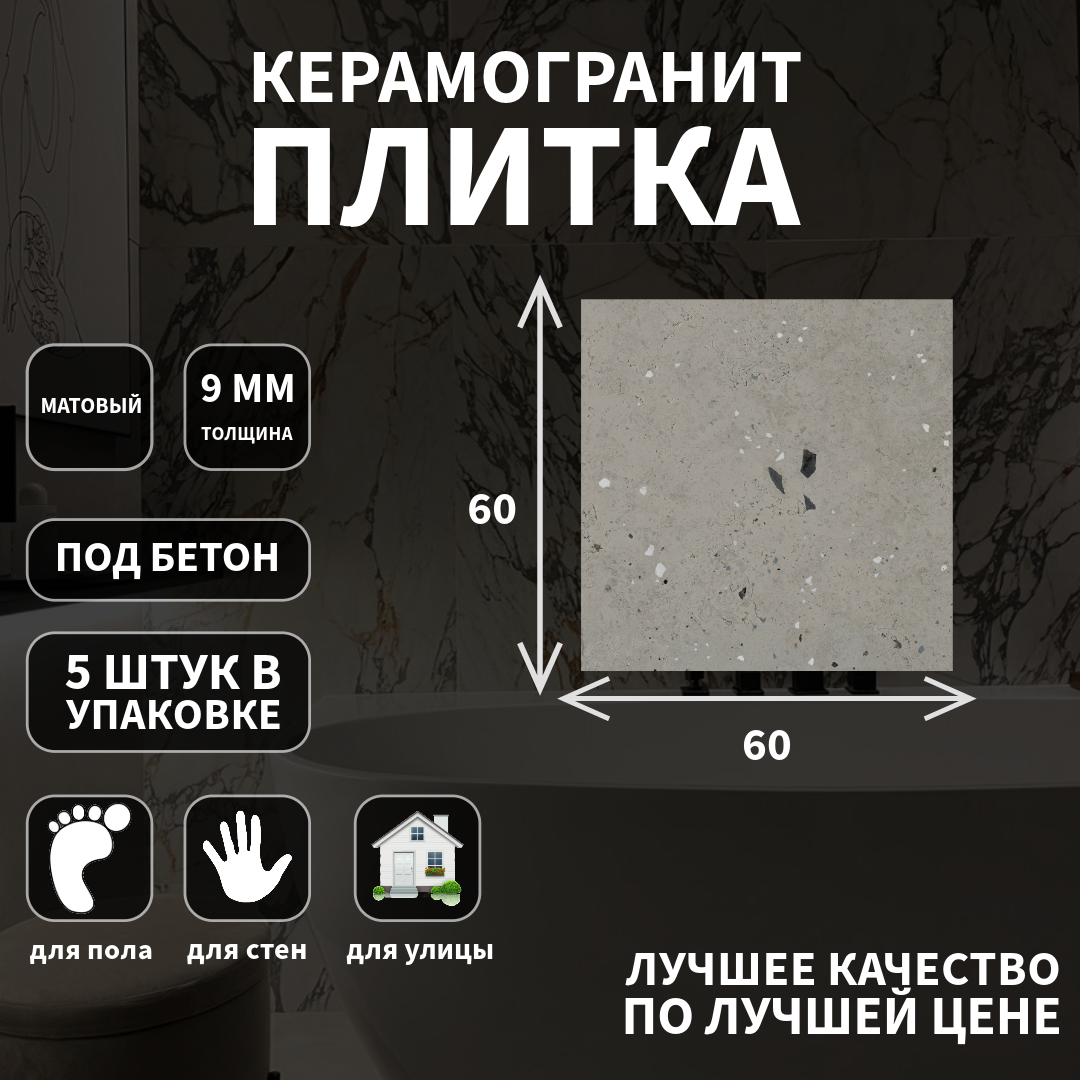 Керамогранитная плитка Kerranova K-2015, коллекция: Etagi, эффект бетон, поверхность: матовый 60x60x9;