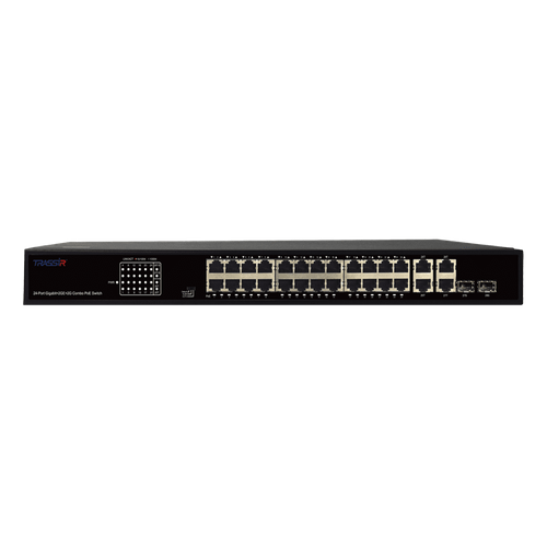 Коммутатор Trassir TR-NS14282С-370-24POE, количество портов: 24x1 Гбит/с (TR-NS14282С-370-24POE) коммутатор trassir tr ns13111s 120 8poe