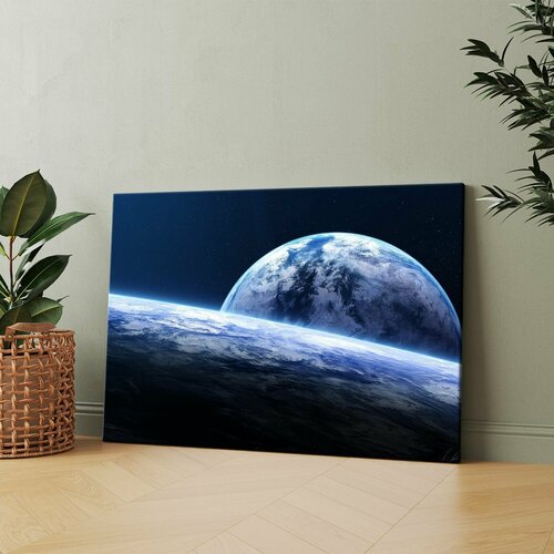 Картина на холсте (Голубая планета с яркой луной на заднем плане) 50x70 см. Интерьерная, на стену.
