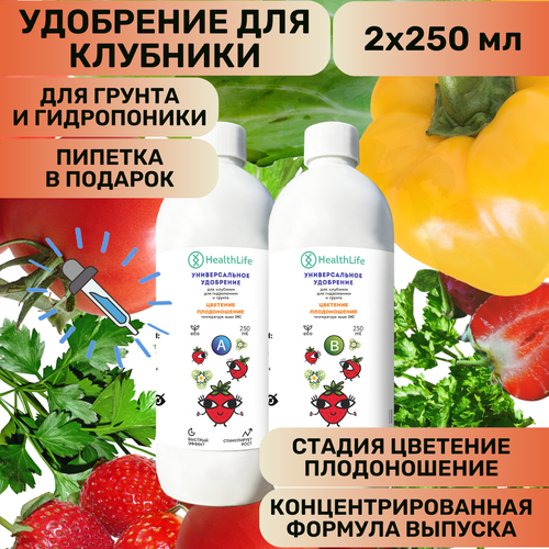 Комплекс HealthLife Удобрение для клубники А+В стадия Цветение Плодоношение(2 по 250 мл) концентрат для гидропоники и грунта увеличивает урожайность