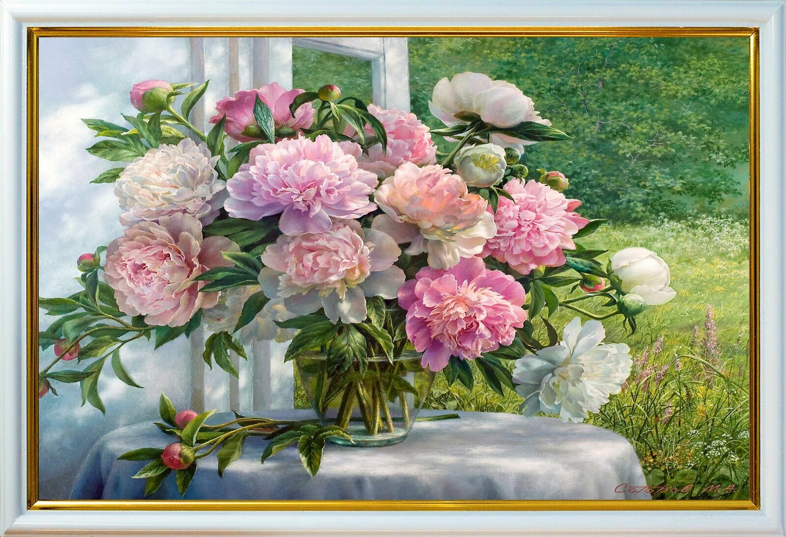 Картина "Пионы у окна" 30х20 см, художник - Сатаров М. Арт. СМ9-30х20