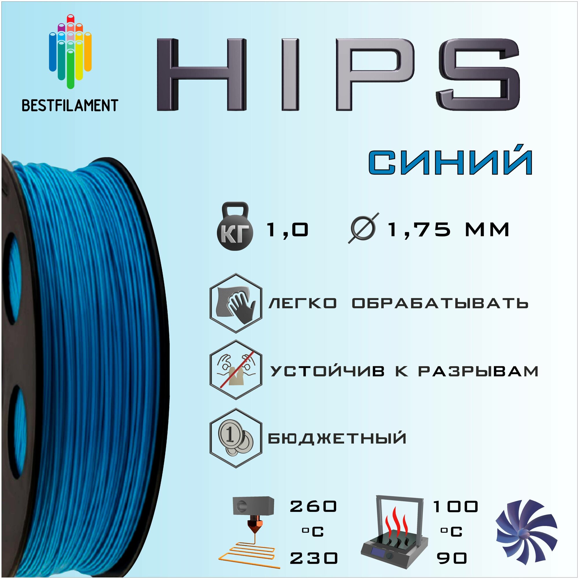 HIPS Синий 1000 гр. 1.75 мм пластик Bestfilament для 3D-принтера
