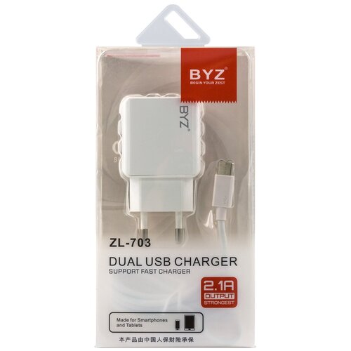 Сетевое ЗУ BYZ ZL-703, 2хUSB-А, 2.1А + кабель (AM-Type-C), 1 м, белый,